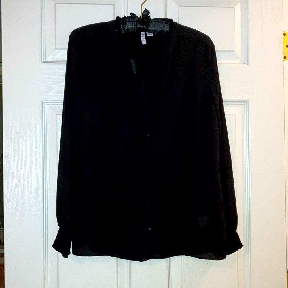 Beautiful black crepe long sleeved blouse with pretty gathered cuffs.